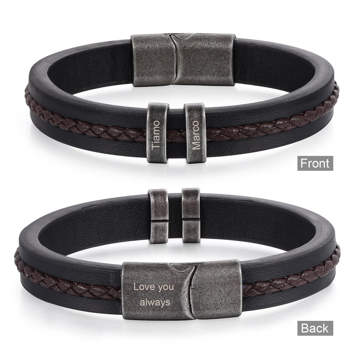Jeweidea Gifts for Father's Day Personalized Leather Bracelet with Name Beads, Custom Braided Bangle Engraved Jewelry for Men Dad Him Husband (2 Names)