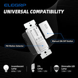 ELEGRP Single Pole Occupancy Motion Sensor Light Switch, PIR Infrared Motion Activated Switch, Need Grounding Wire, No Neutral Wire, for CFL/LED/Incandescent, with Plate, UL(2 Pack, Matte White)