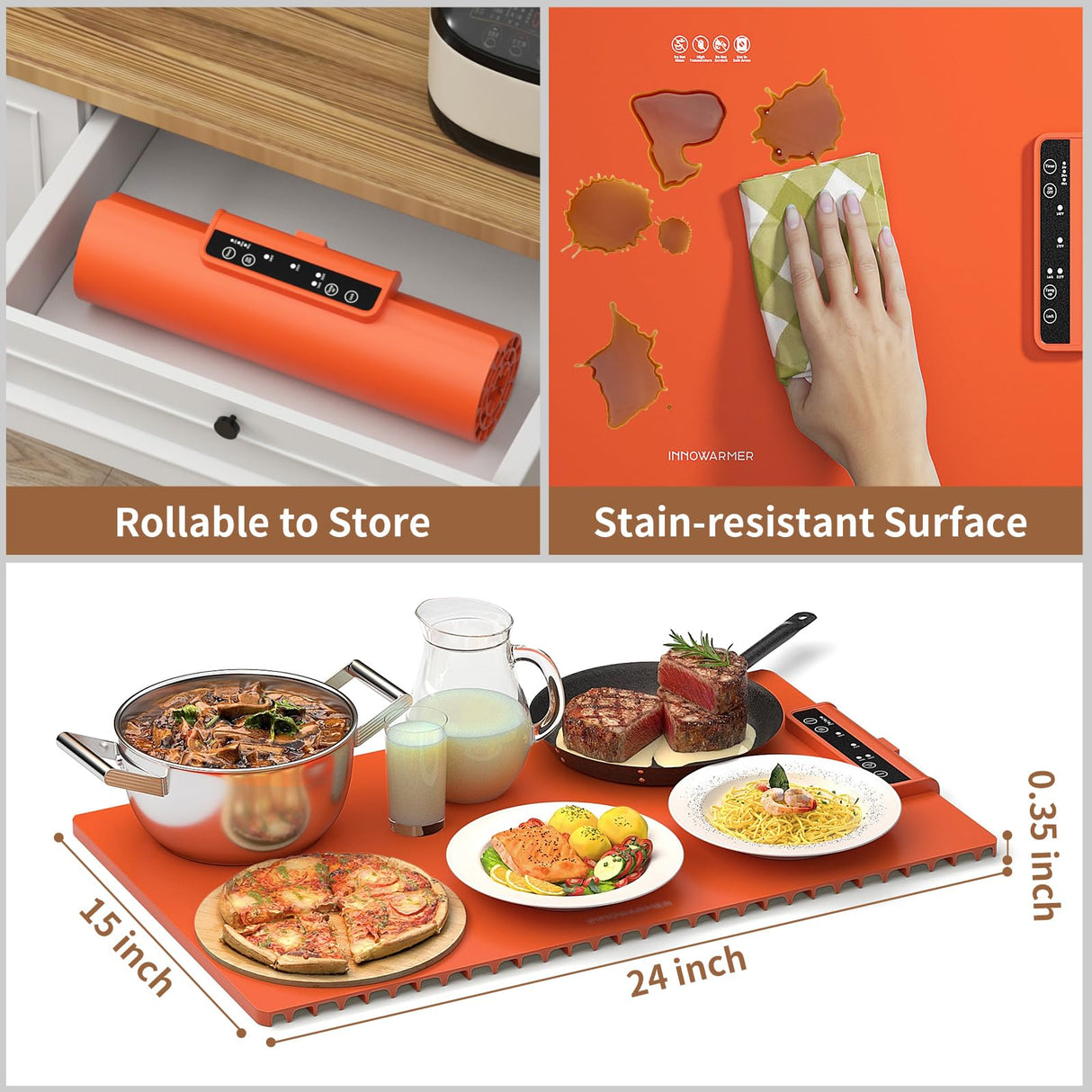 Electric Food Warming Mat: Silicone Food Warmer for Parties Buffet, Portable Fast Heating Pads for Food, Pizza Coffee Tea Heater Meat Defrosting Tray Adjustable Temperature (Orange)