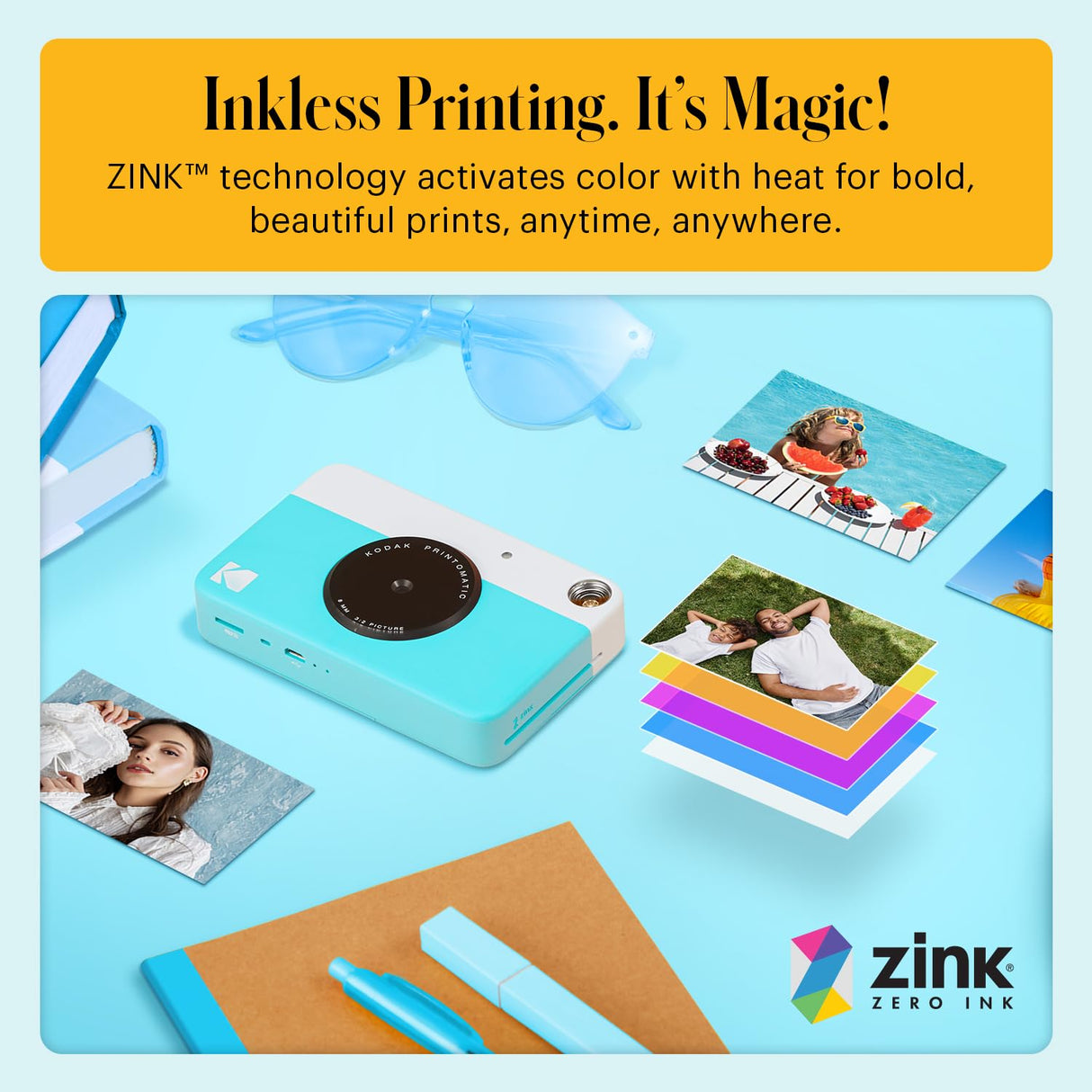KODAK Printomatic Full-Color Instant Print Digital Camera - Colorful Photos On Zink 2x3" Sticky-Back Photo Paper - 5MP, Portable, Creative Fun Gift for Birthday, Christmas, Holiday - Blue