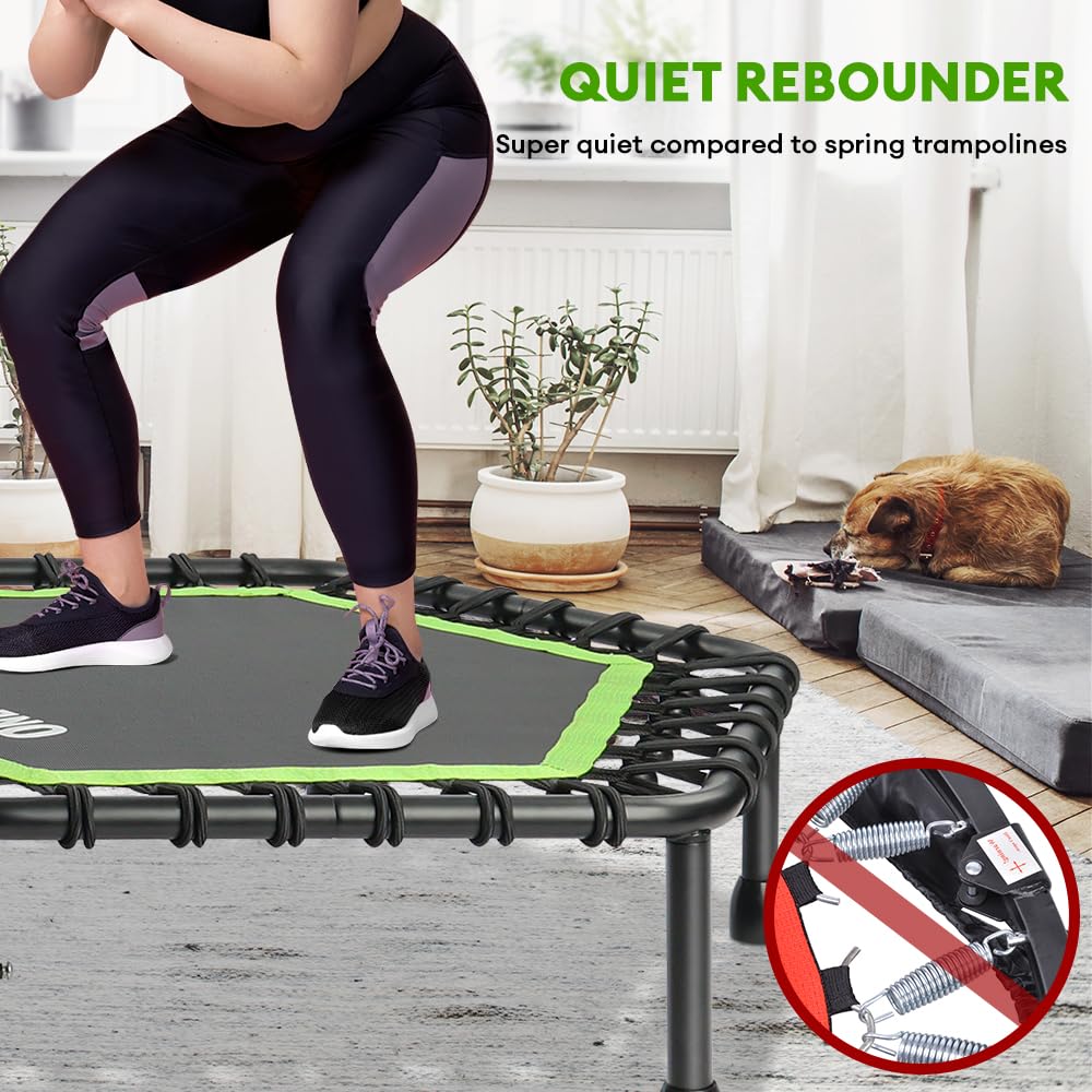 ONETWOFIT 42"/45" Rebounder Trampoline for Adults, Silent Mini Trampoline Indoor Exercise Fitness Trampoline Bungee Rebounder Workout Max Load 330lbs (45IN-Green-with-Handle)