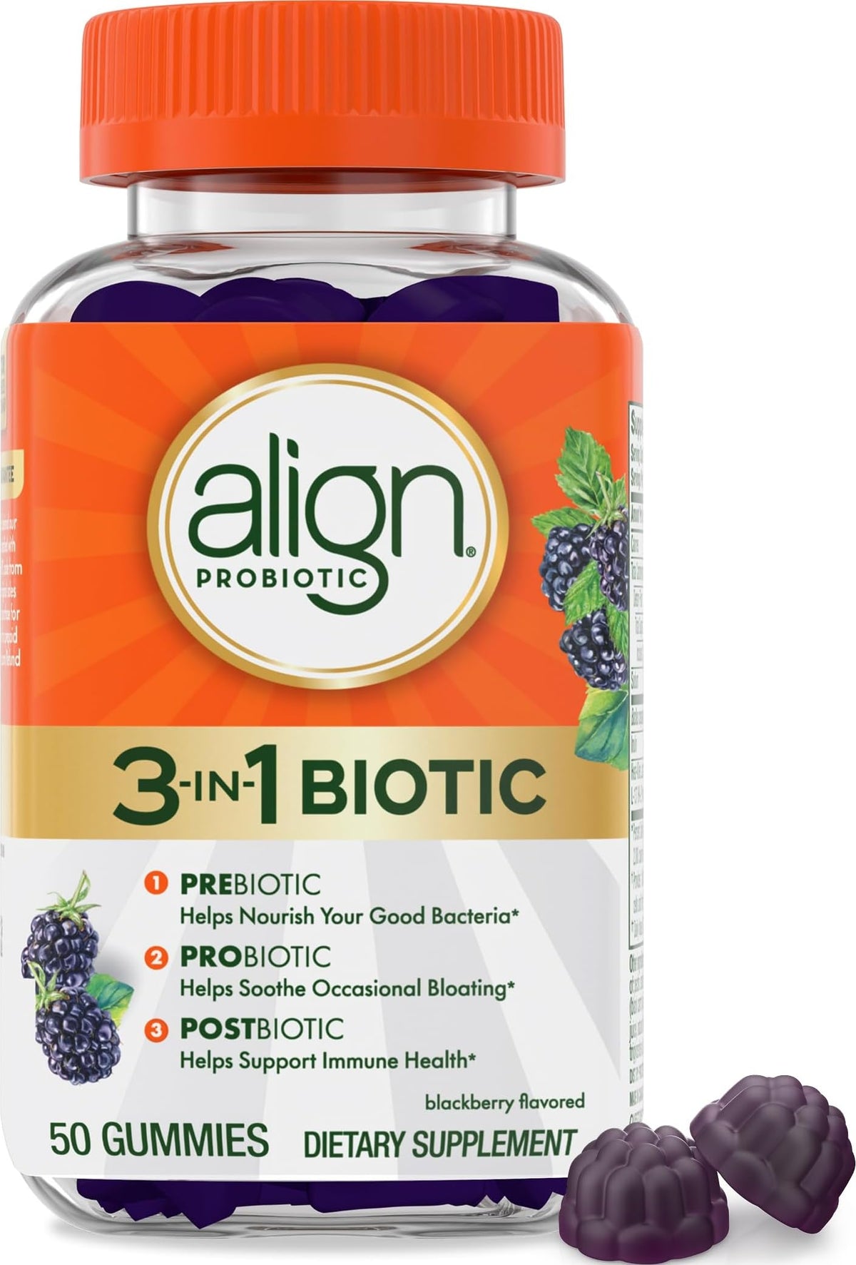 Align Probiotic, 3-in-1 Biotic Gummies, Prebiotic + Probiotic + Postbiotic, Probiotics for Women, #1 Doctor Recommended Probiotic Brand‡, Helps Relieve Occasional Bloating*, Blackberry Flavor, 50 Gummies
