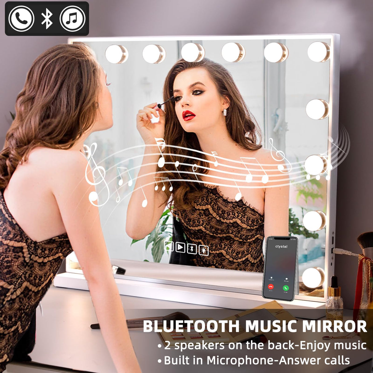 Hansong Vanity Mirror with Lights and Speaker22.8''x18.4'' Hollywood Makeup Mirror with 15 LED Bulbs Lighted Vanity Nakeup Mirror 3 Lighting Modes 10X Magnification White