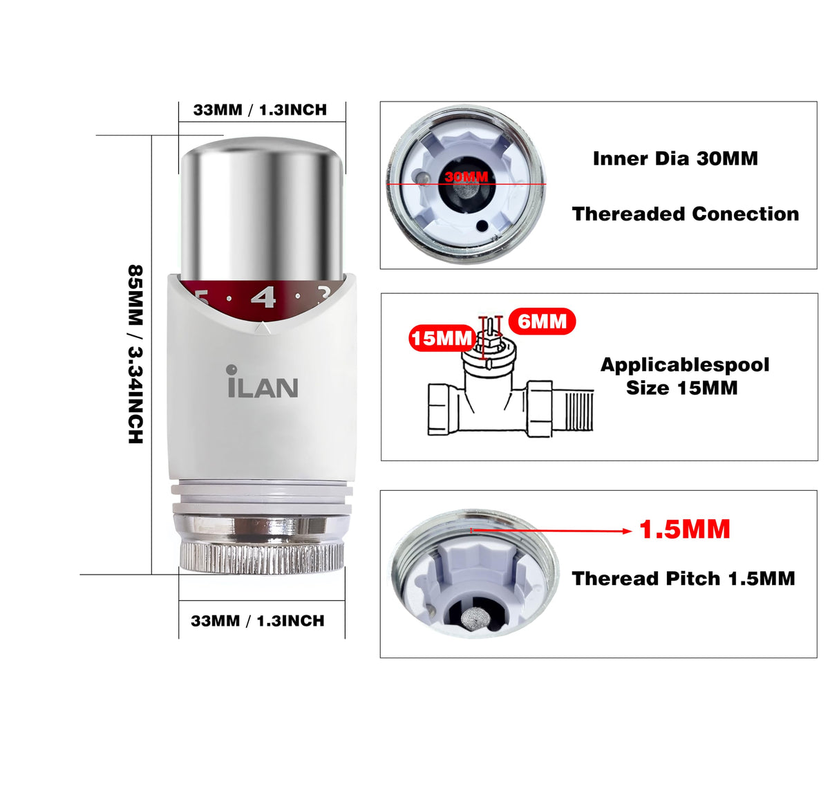 iLAN TRV Thermostatic Radiator Valve, Replacement Head Only, Chrome & White