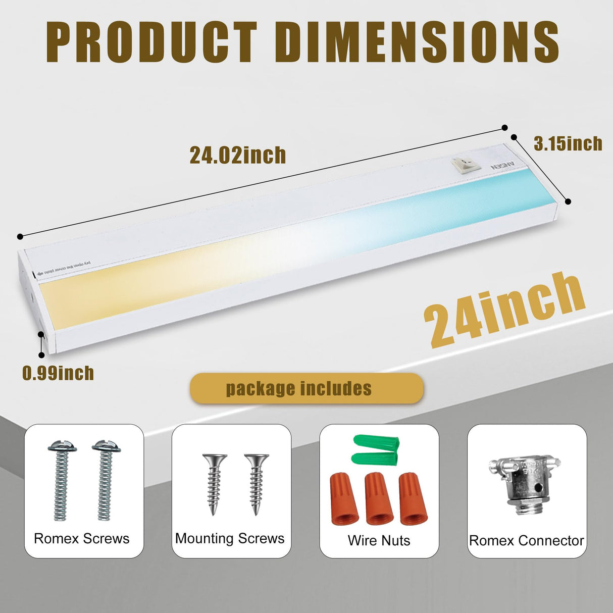 Ansen Hardwired Under Cabinet Lighting, 24in 18W LED Light for Kitchen/Closet, 1237lm, CRI>92, R9>90, 5 Color Temperature, Dimmable, 2700K-5000K(Warm White, Cool White, Daylight)