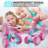 QUNREDA RC Cars, Pink Remote Control Car for Girls, 2.4 GHZ Double Sided RC Stunt Car 360° Rotating Remote Control Crawler with Headlights Car Toys for 6 7 8 9 10 11 12 Girls Birthday Gift Grandkids
