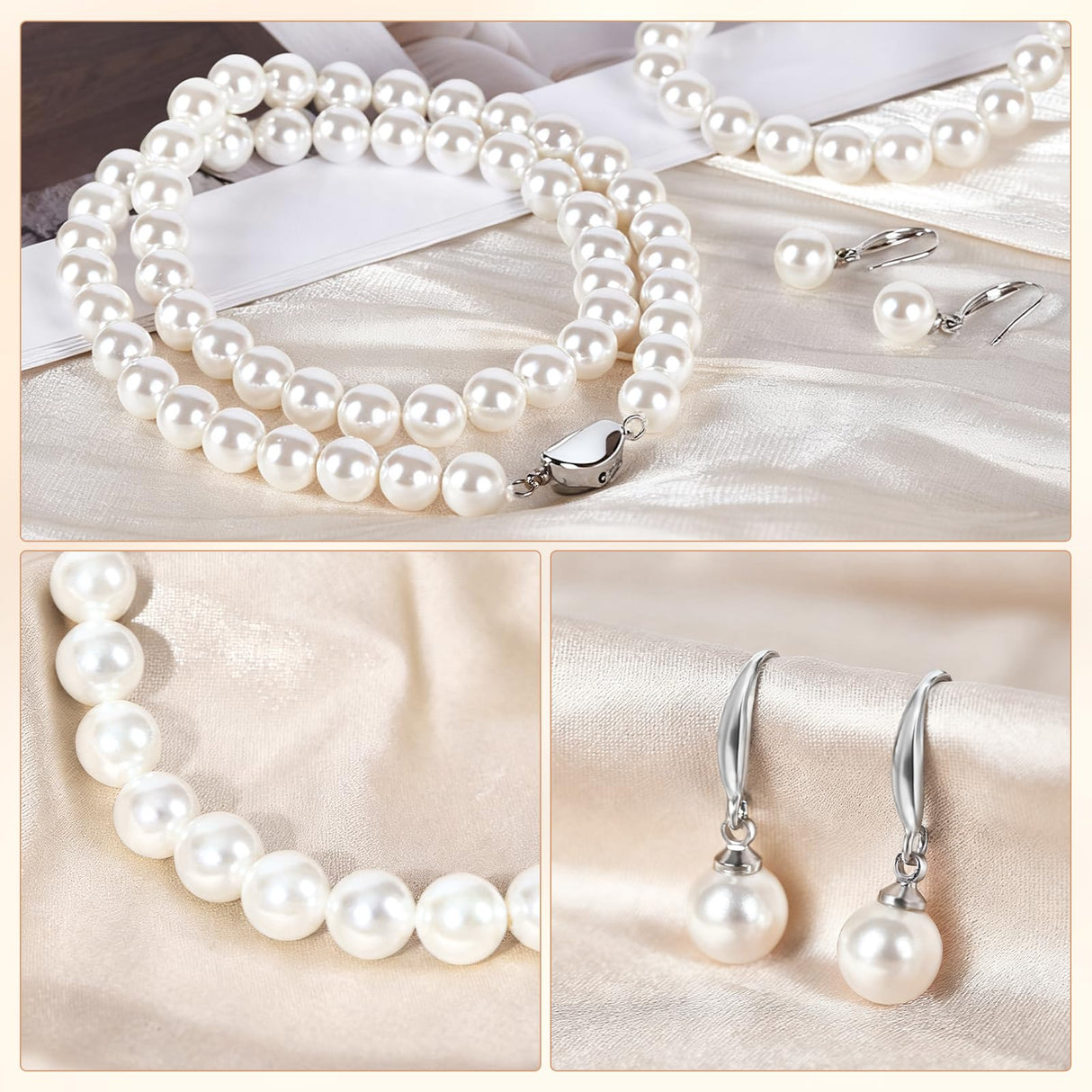 Pearl Necklace Set, featuring an exquisite bracelet, stud earrings, and necklace. This pearl necklace, bracelet, and ring ensemble radiates elegant charm, effortlessly elevating the sophistication of everyday attire. Perfect for weddings, banquets, or bir
