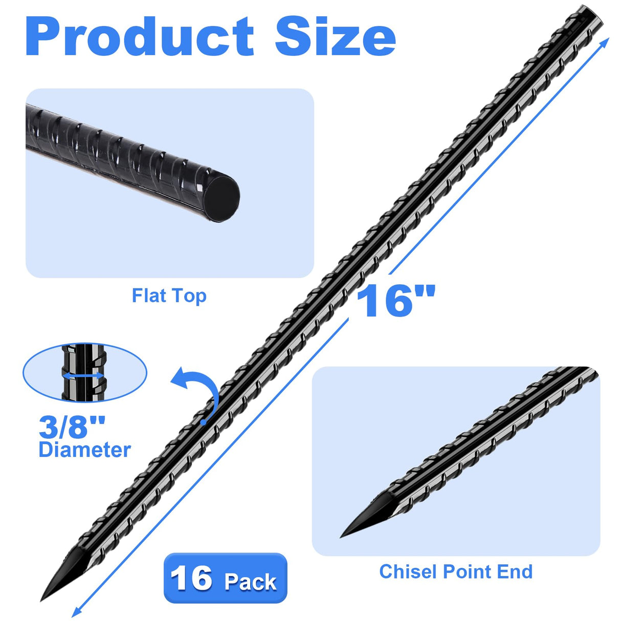 Fabulas Rebar Stakes, 16 inch 16 Pack Ground Stakes Heavy Duty with Chisel Point End, 3/8" Diameter Straight Steel Metal Anchor for Garden Driveway Markers Concrete Form Landscape Camping Plant Black