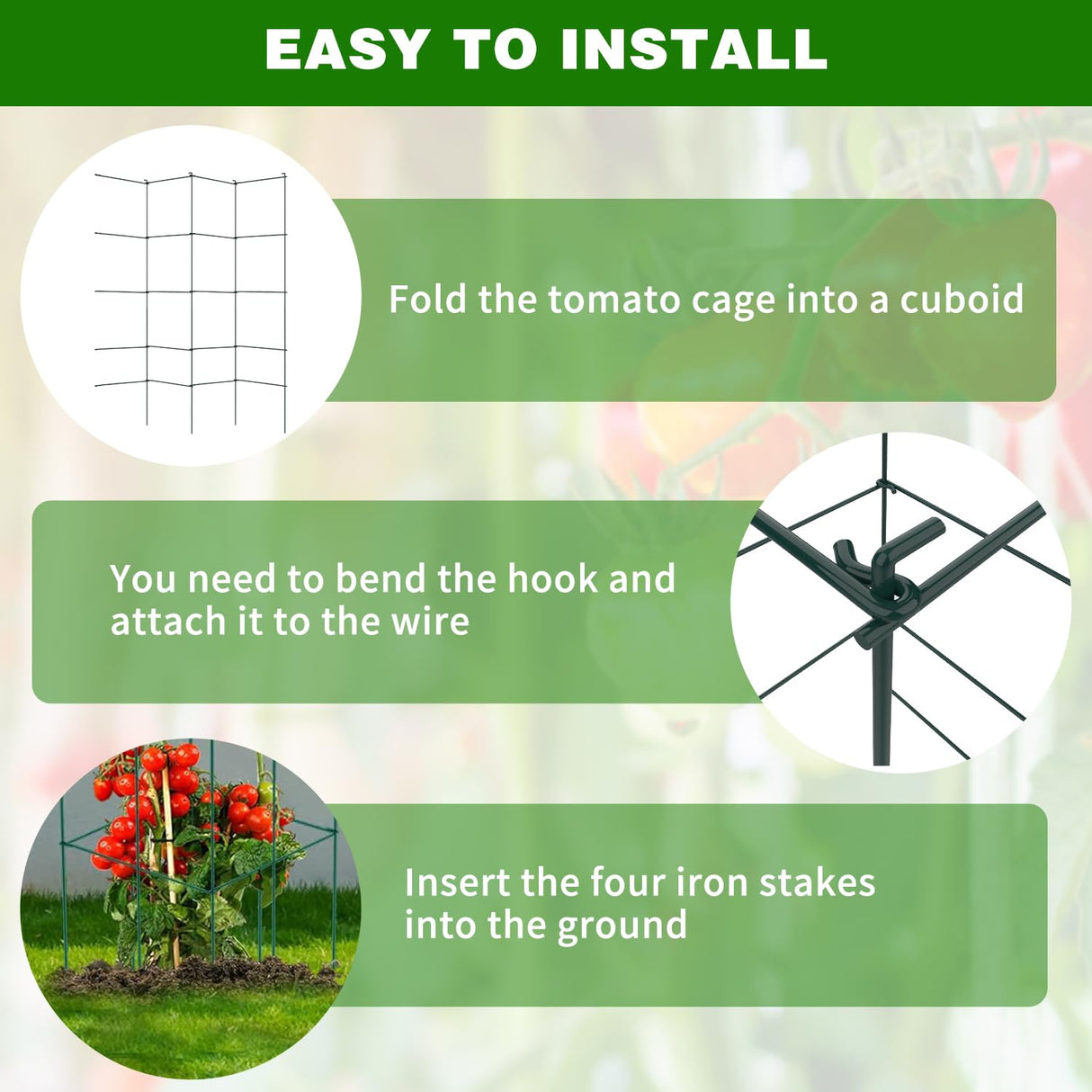 LAKNUAL 6 Packs Tomato Cages for Garden, 12"×12"×56" Plant Support Cage with Different Spacing, Green Metal Trellis for Climbing Plants Like Cucumber, Flowers