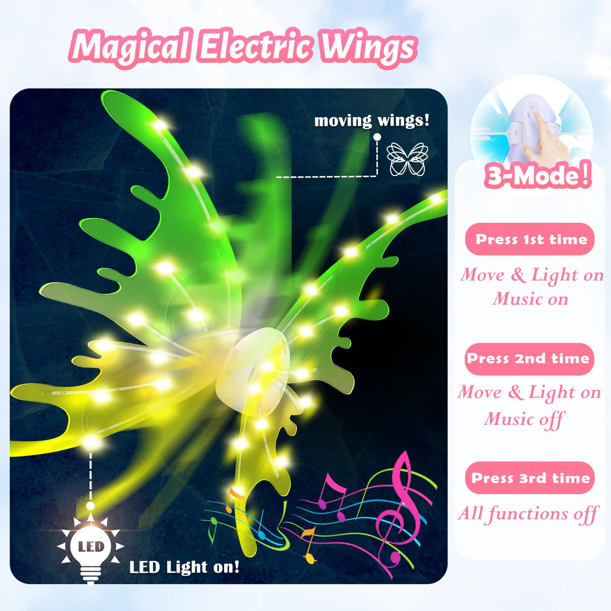 Electric Light Up Butterfly Wings Moving with Music - Princess Costume Crown Wand Dress Up, Princess Toys for Kids Ages 3-6 5-7 as Halloween Valentine Birthday Christmas Party Gifts
