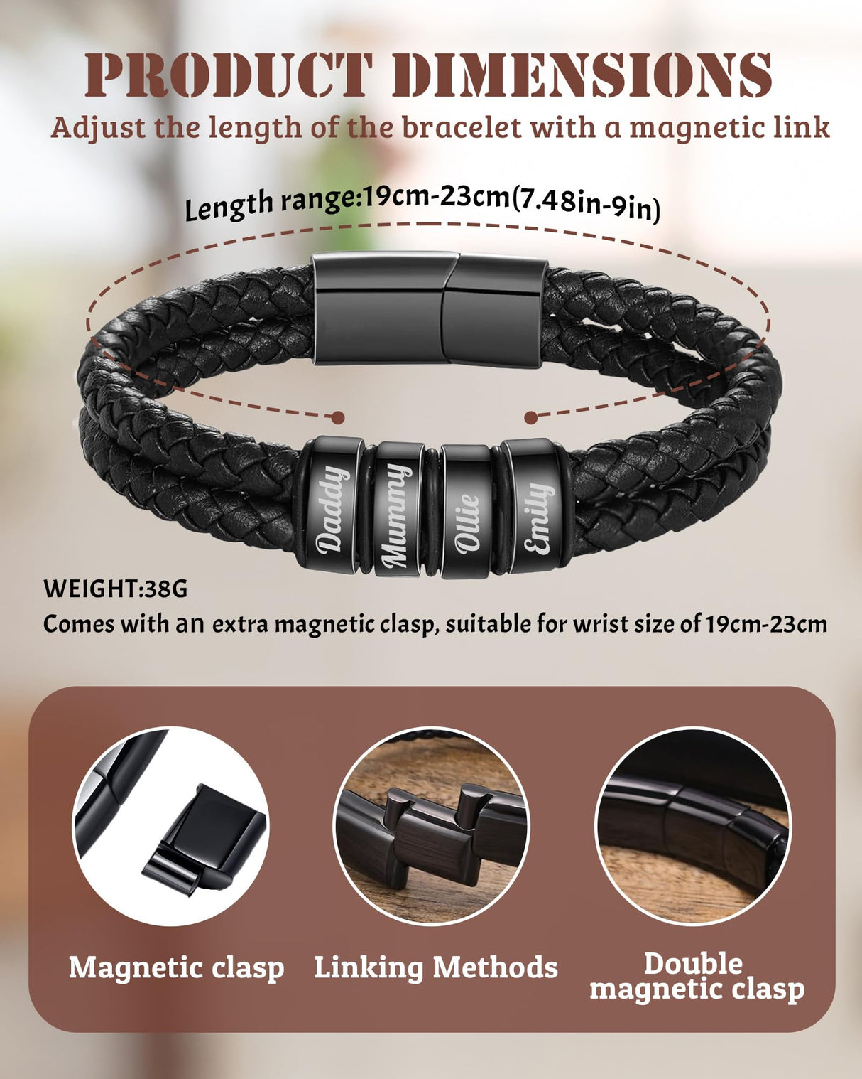 Personalized Braided Leather Bracelets Custom Leather Name Bracelet engraved with 1-6 Names for Men Gifts for Christmas Valentines Fathers Day Birthday Anniversary Boyfriend Grandpa (Black)