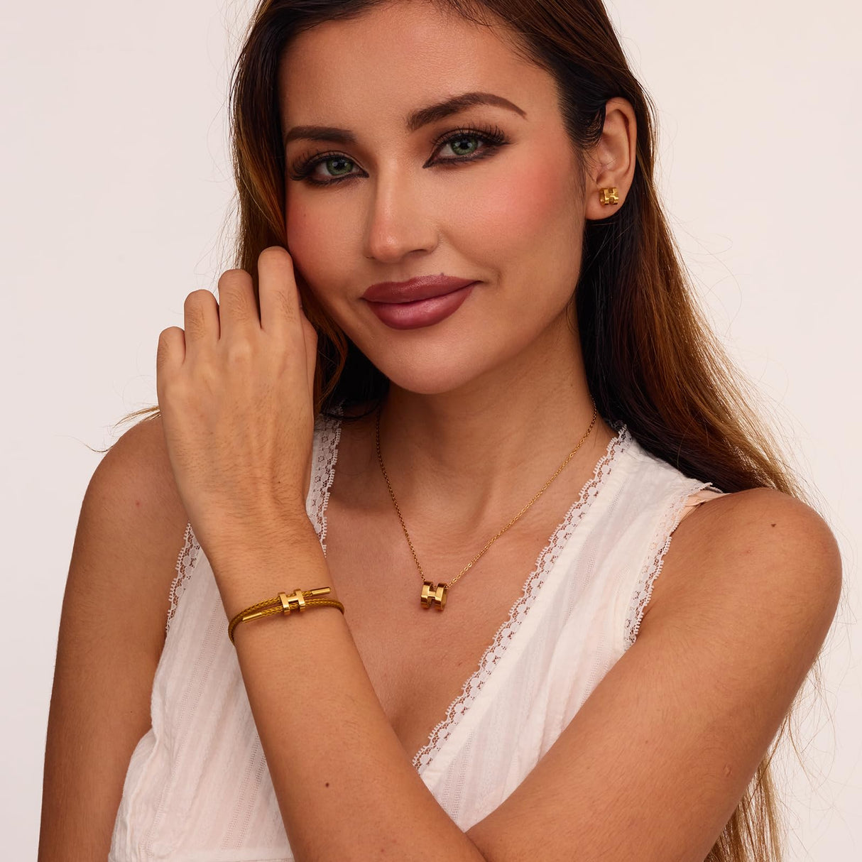 Watdoc H Jewelry Set for Women 3 Piece, H Titanium Steel Necklace, Earrings, Bracelet Set, Hypoallergenic Ear Studs, Adjustable Chain, Eco Friendly Packaging (gold)