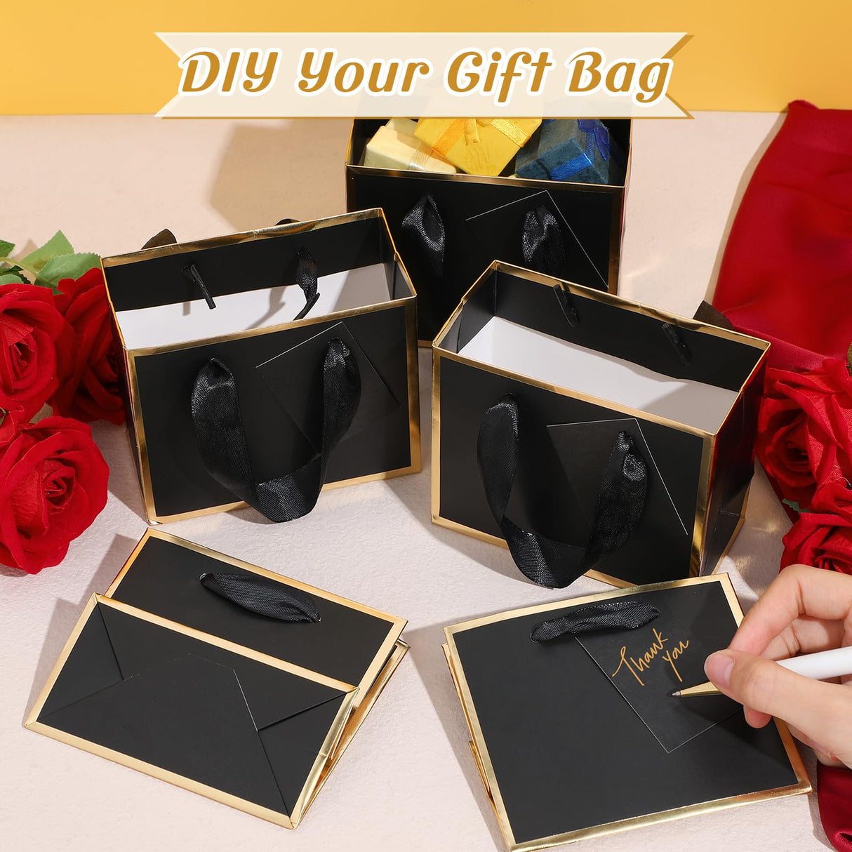 Yeaqee 50 Pcs Mini Metallic Foil Gift Bags with Handles 4x4.75x2.25'' Tiny Thank You Favor Bag with Tag for Christmas Fall Thanksgiving Welcome Wedding Baby Shower Birthday Party(Black, Gold)