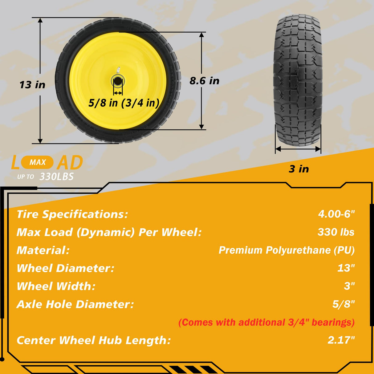Nuphtun 13 Inch 4.00-6 Flat Free Tire and Wheel Replacement for Gorilla Cart with 5/8" & extra 3/4" Bearings, 4.00-6 Wheelbarrow Tire, 13" Garden Cart Wheels, Trailer Turf Tire, 2 Pack