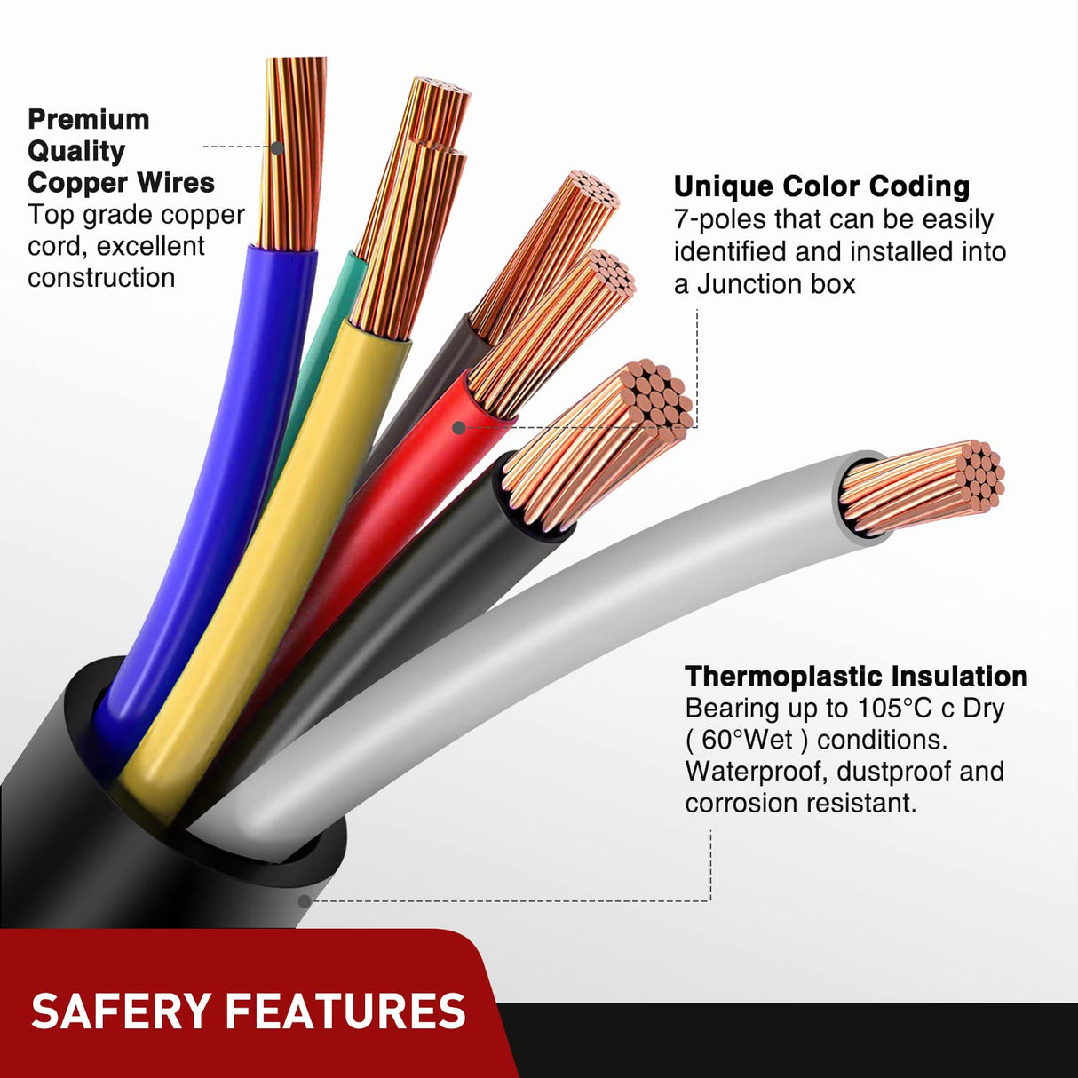 Nilight 16 Feet Heavy Duty 7 Way Plug Inline Trailer Cord 7-Pin Trailer Cord Wire Cable for Truck Camper Blade Molded RV Cable Weatherproof & Corrosion Resistant-16FT