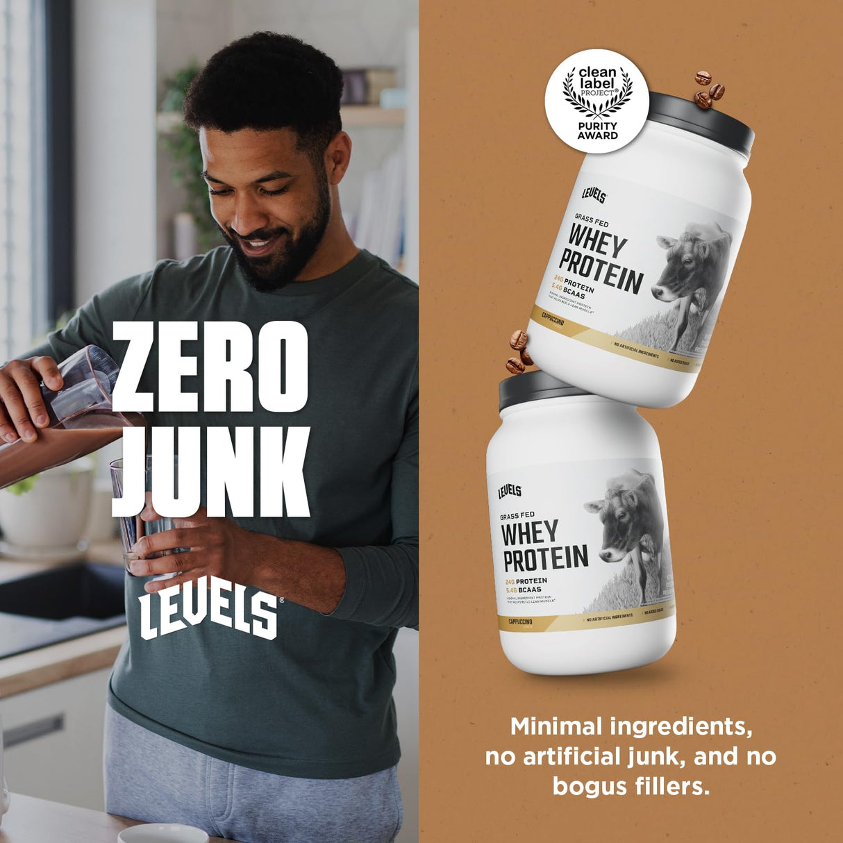Levels Grass Fed Whey Protein Powder, No Artificials, 24G of Protein, Cappuccino, 2LB