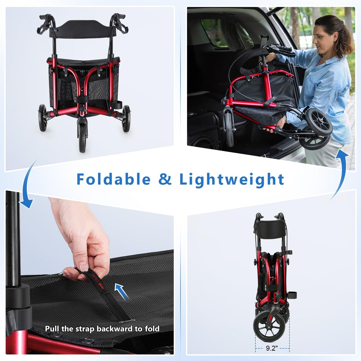 WALK MATE 3 Wheel Rollator Walker with Seat for Slim Seniors, Padded Backrest Lightweight Foldable Walker Ideal for Elderly, 8 Inch Tri-Wheel Modern Mobility Walking Aid Aluminum, Red