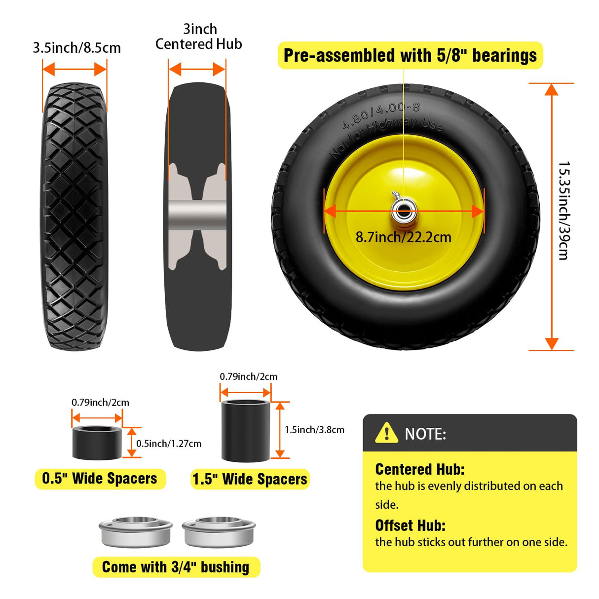 4.80/4.00-8" Tire and Wheel Flat Free 16", Solid Wheelbarrow Tire with 5/8" & 3/4" Bearings 3" Centered Hub, 14"-16" Universal Fit Wheelbarrow Tires for Hand Truck/Garden Trailer/Trolley/Wagon (1)