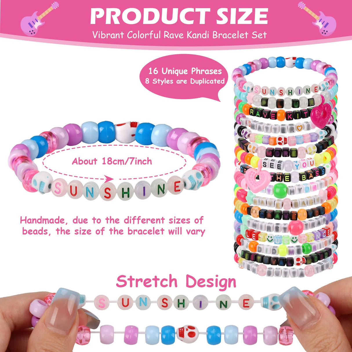 SMAODSGN 16Pcs Rave Music Bracelets Set Glow In The Dark EDM Music Stretch Bracelets Multicolor Rave Party Favor for Women Men EDM Party Music Festival