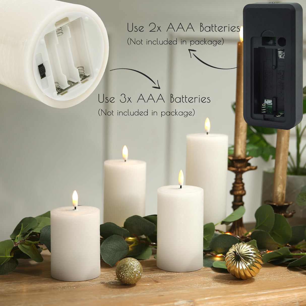 LUSHABOR Flameless Candles, 4 Pack Battery Operated Candles with Remote, Real Wax LED Fake Candles with Timer Flickering for Christmas Wedding Home Party D3 H 5" 6" 7" 9" White