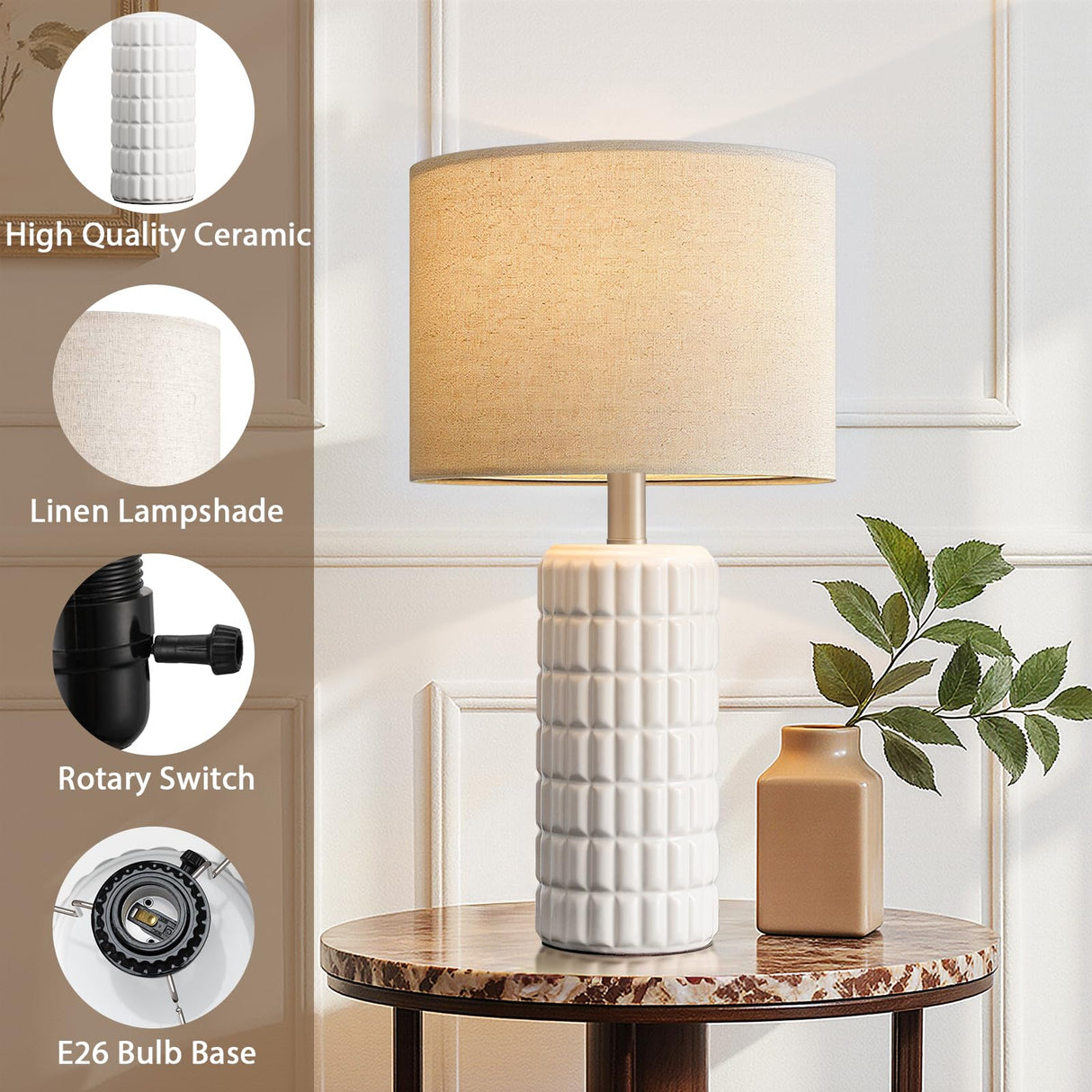 Seealle 23" Modern Ceramic Table Lamps Set of 2 - Table Lamps for Living Room, Farmhouse Bedside Night Stands Lamp for Bedroom, White Nightstand Lamps Set of 2, Desk Lamp for End Table Home Decor