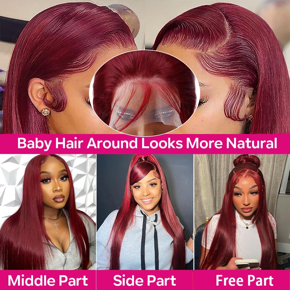 30 Inch 99j Burgundy 13x6 HD Lace Front Wigs Human Hair 250% Density Straight Burgundy Wig Human Hair Wigs for Black Women Glueless Wigs Human Hair Pre Plucked Pre Cut Frontal Wigs With Baby Hair