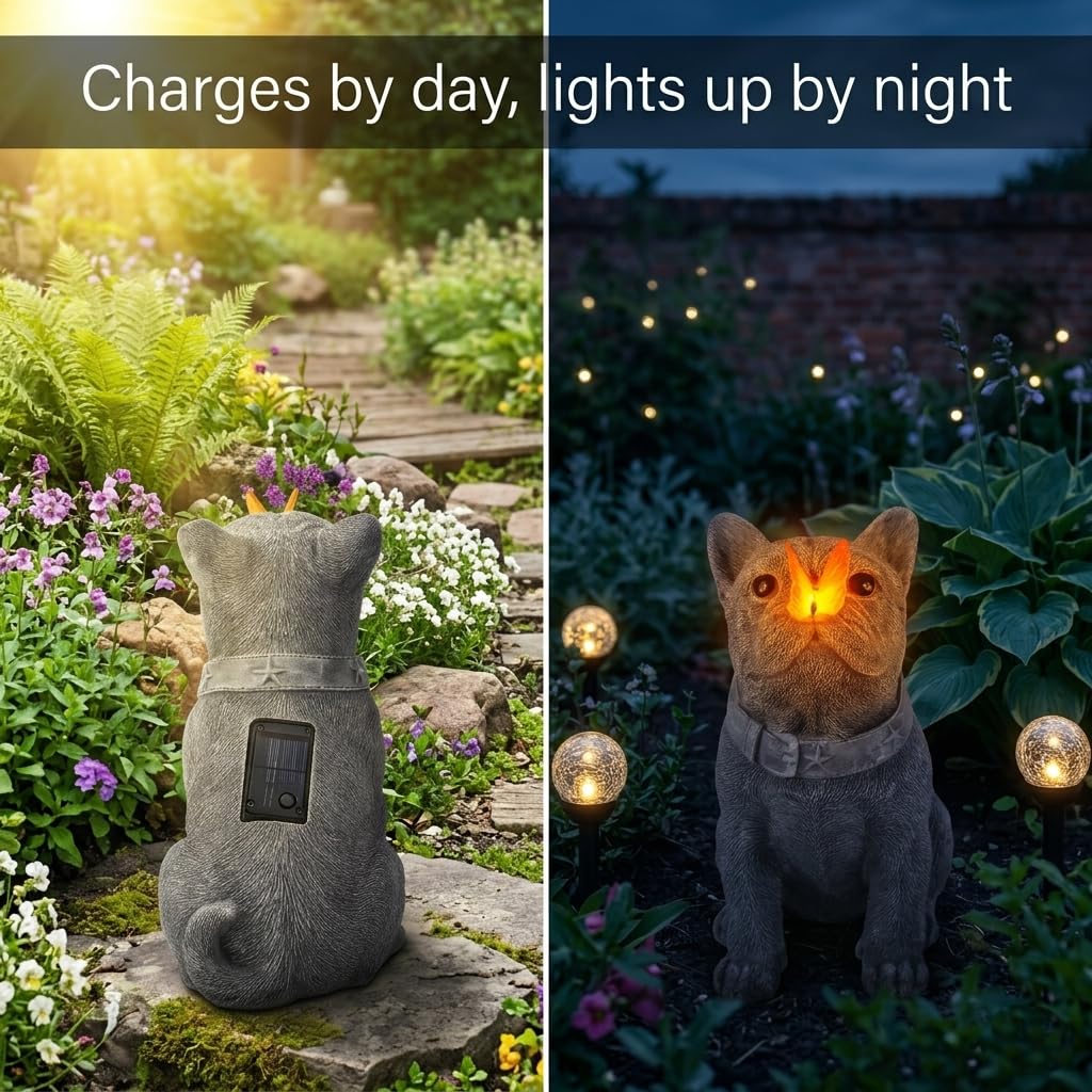 Scoomor Solar French Bulldog Garden Statue with Butterfly, Outdoor Frenchie Sculpture Decor for Patio, Yard & Lawn, Unique French Bulldog Gifts & Dog Memorial Statue,10 Inch, Resin (Grey Stone)