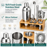 Cocktail Shaker Set, 18/8 Food-Grade Stainless Steel Mixology Bartender Kit 10-Piece Bar Tools with Stylish Bamboo Stand - Rust-Proof & Dishwasher Safe - Professional Martini Shaker Gift for Men, Dad