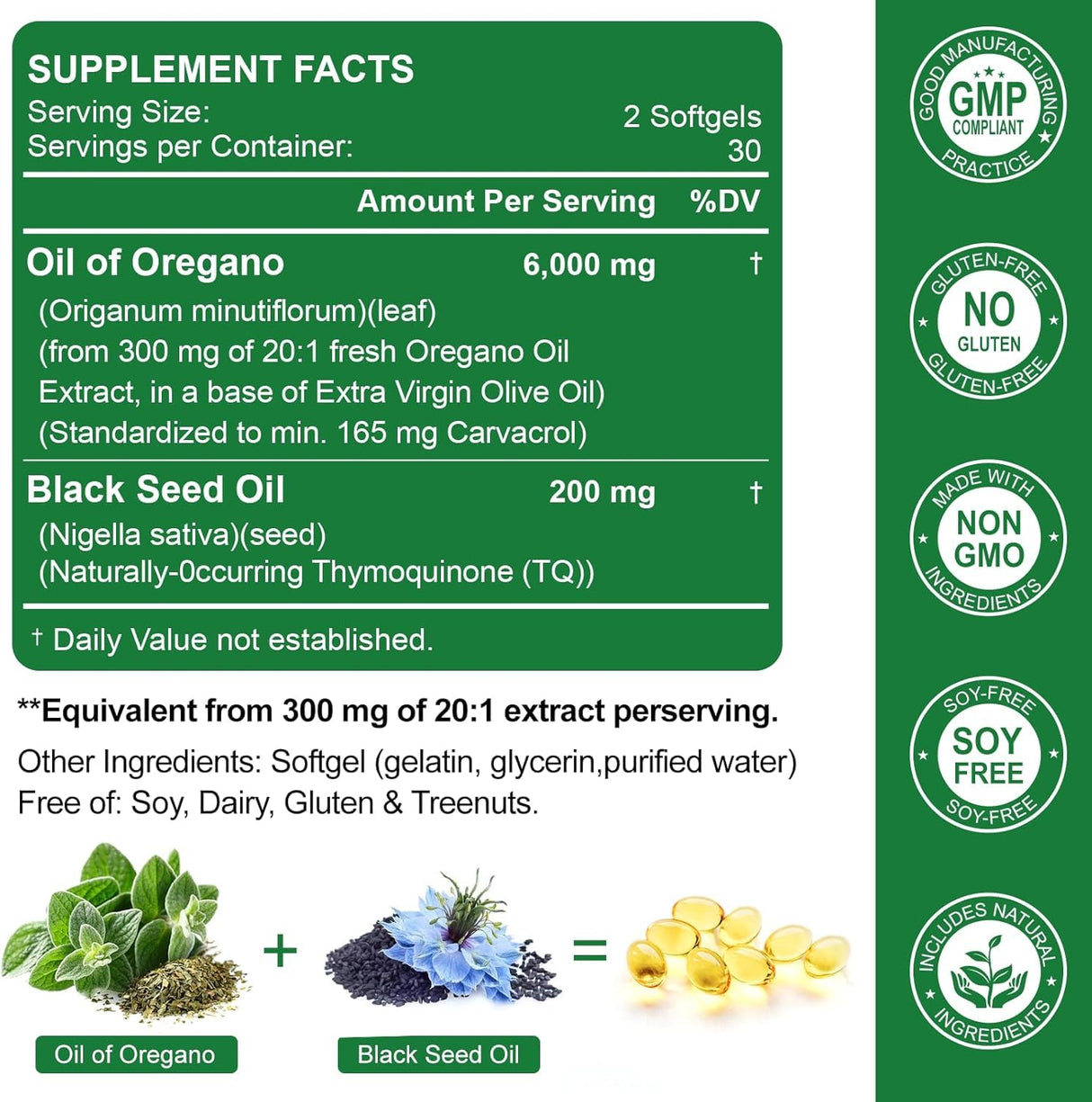 Nature's live Oil of Oregano with Black Seed Oil, 2 in 1 Oregano Supplement for Immune Health, Retains High Concentrated Carvacrol & Thymoquinone, Non-GMO, 60 Softgels, 1 Pack