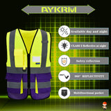 Yellow&Purple 4XL-5XLHigh Visibility Safety Vest with ZIPPER 4 Reflective Strips 7 Pockets