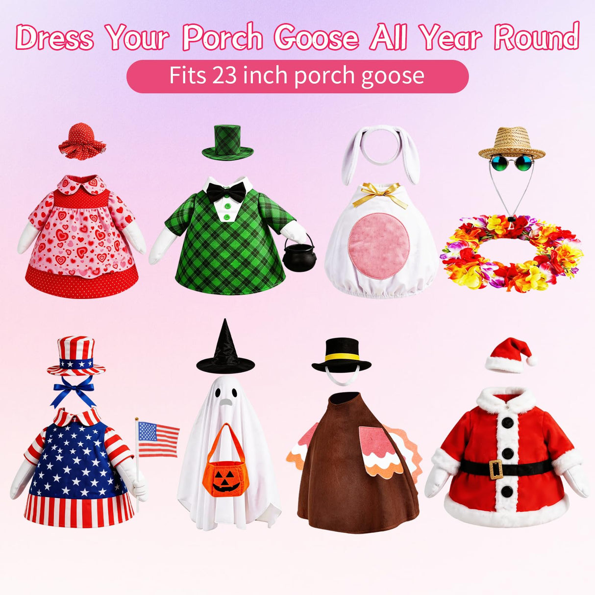 Kinhzrude 8 Set Porch Goose Outfits Holiday Goose Clothes - Valentine St. Patrick Easter Summer 4th of July Fall Halloween Christmas Lawn Porch Goose Clothing for Patio Yard Decor