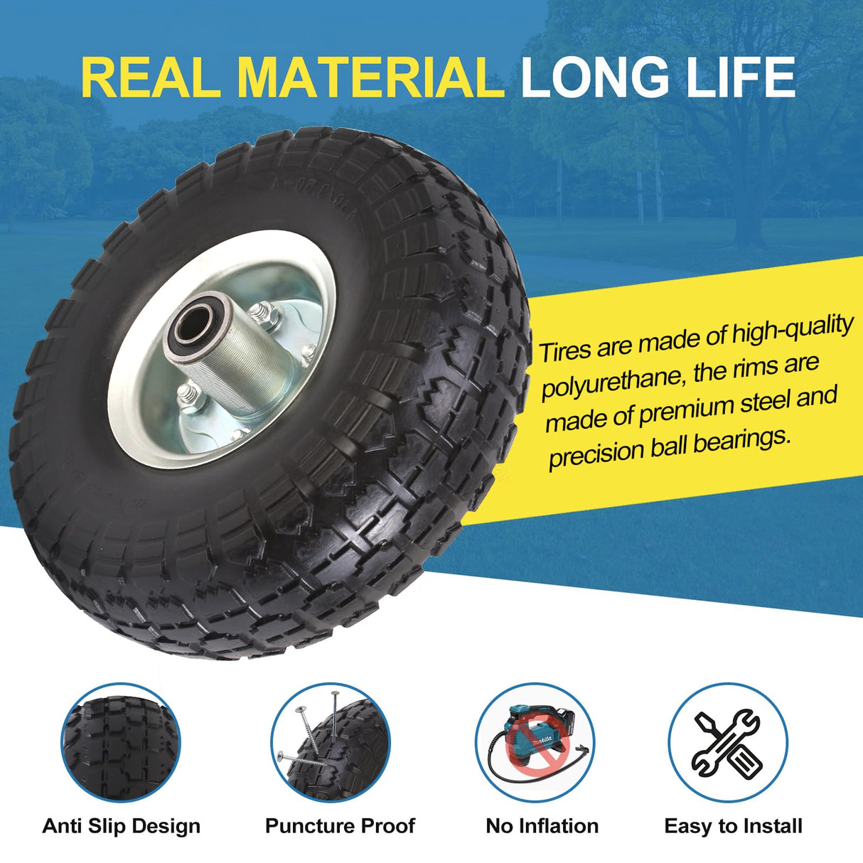 RRQ 10 Inch Solid PU Tire and Wheel, Flat Free 4.10/3.50-4" Tire, 2 Pack