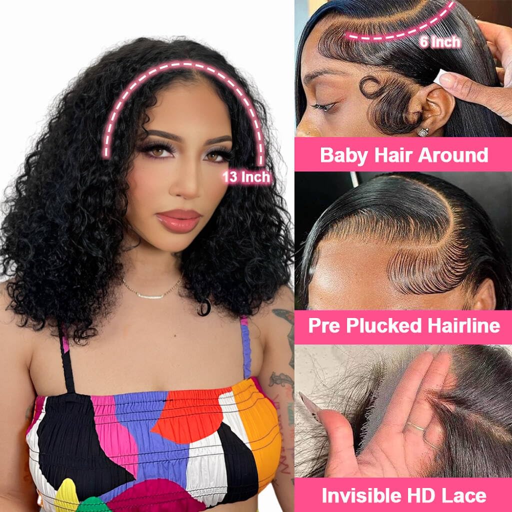 16 Inch Bob Lace Front Wigs Human Hair 13x6 Bob Wig Human Hair Glueless 210 Density HD Deep Wave Lace Front Wigs Human Hair Pre Plucked With Baby Hair Short Wigs For Black Women Curly Human Hair Wig