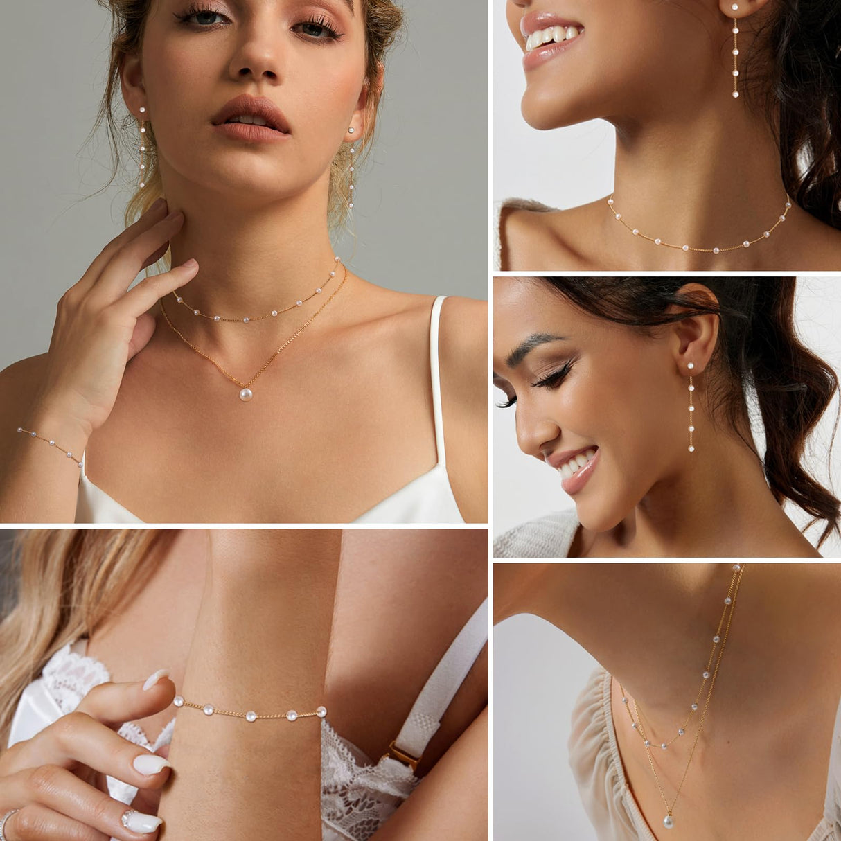 HERIER Gold Jewelry Set for Women Dainty Pearl Necklace for Women 14K Gold Plated Pearl Necklace and Earring Set Drop Earrings Bracelets Trendy Bride Jewelry