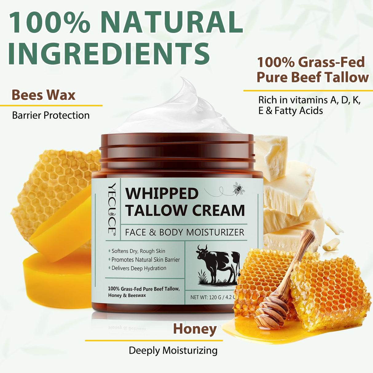 Liefiet Beef Tallow for Skin, Tallow and Honey Balm 4.2oz, Deep Nourishing Face and Body Moisturizers, Organic Grass Fed Whipped Beef Honey Cream