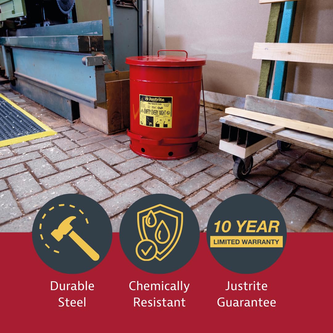 Justrite 10 Gallon Galvanized Steel Oily Waste Can, 18" x 14" Metal Oil Rag Safety Can With Foot Operated Self-Closing Lid for Oil Rag Disposal, Made in the USA, Red, 09300