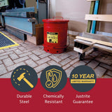 Justrite 10 Gallon Galvanized Steel Oily Waste Can, 18" x 14" Metal Oil Rag Safety Can With Foot Operated Self-Closing Lid for Oil Rag Disposal, Made in the USA, Red, 09300