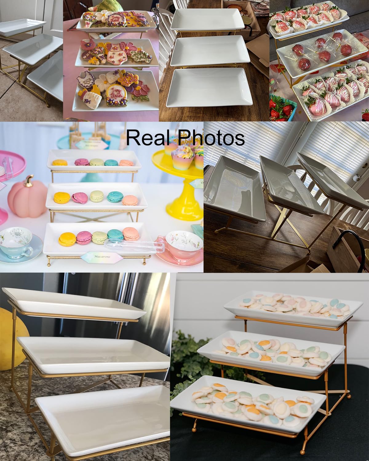 LAUCHUH 3 Tier Serving Stand Porcelain Serving Platter Tier Serving Trays with Collapsible Sturdier Rack, Serving Dishes and Platters for Thanksgiving, Christmas, Entertaining, Gold, 12 Inch