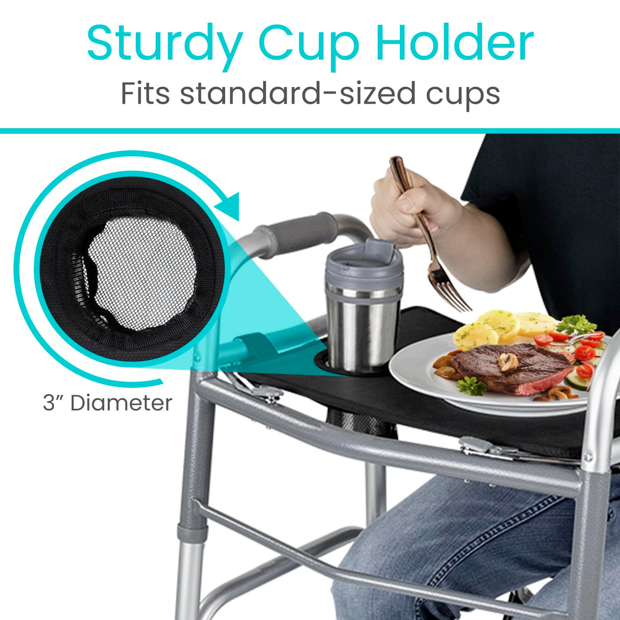 Vive Walker Tray for Folding Walker - (w/Cup Holder) - Adult Mobility Accessories - Fits Standard Walkers - Medical Table for Seniors Non Slip Mat for Food - Removable & Easy Assembly (Black)