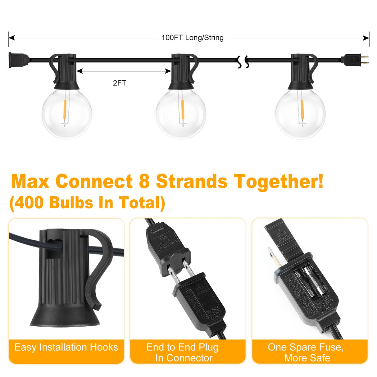 200ft(100*2) Outdoor G40 LED Globe String Lights Dimmable Waterproof Shatterproof Light Strings with 103 Bulbs Connectable Commercial Hanging Lights for Christmas Patio House Backyard Balcony Party