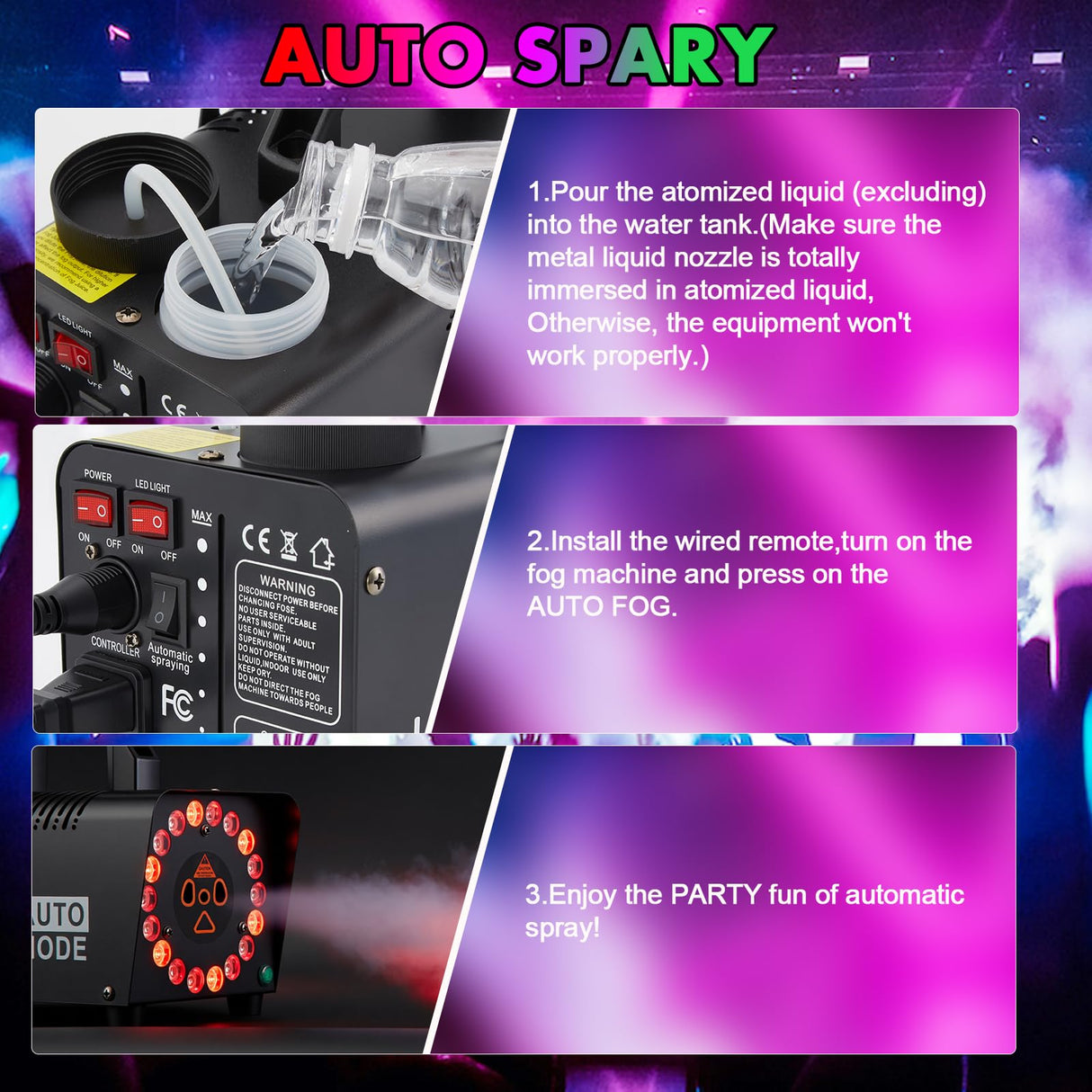 Hakuta Fog Machine, Smoke Machine with Racing, Jumping, Fading, Flashing LED Modes 18 Colorful LED Lights 2300 CFM Spray Automatic Smoke Machine, Great for Halloween, Christmas, Wedding and Parties