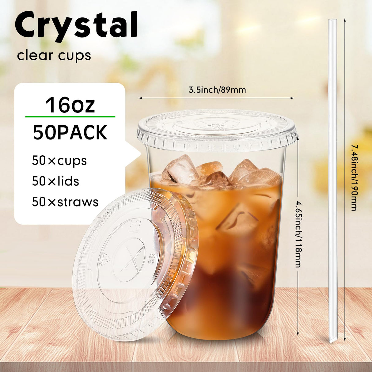 Ziliny 50 Sets Clear Plastic Cups with Lids and Straws, Disposable Iced Coffee Cups Drinking PET for Cold Drinks, Juice, Smoothie, Coffee Shops, Party, Christmas(Clear,16 oz)