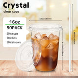Ziliny 50 Sets Clear Plastic Cups with Lids and Straws, Disposable Iced Coffee Cups Drinking PET for Cold Drinks, Juice, Smoothie, Coffee Shops, Party, Christmas(Clear,16 oz)