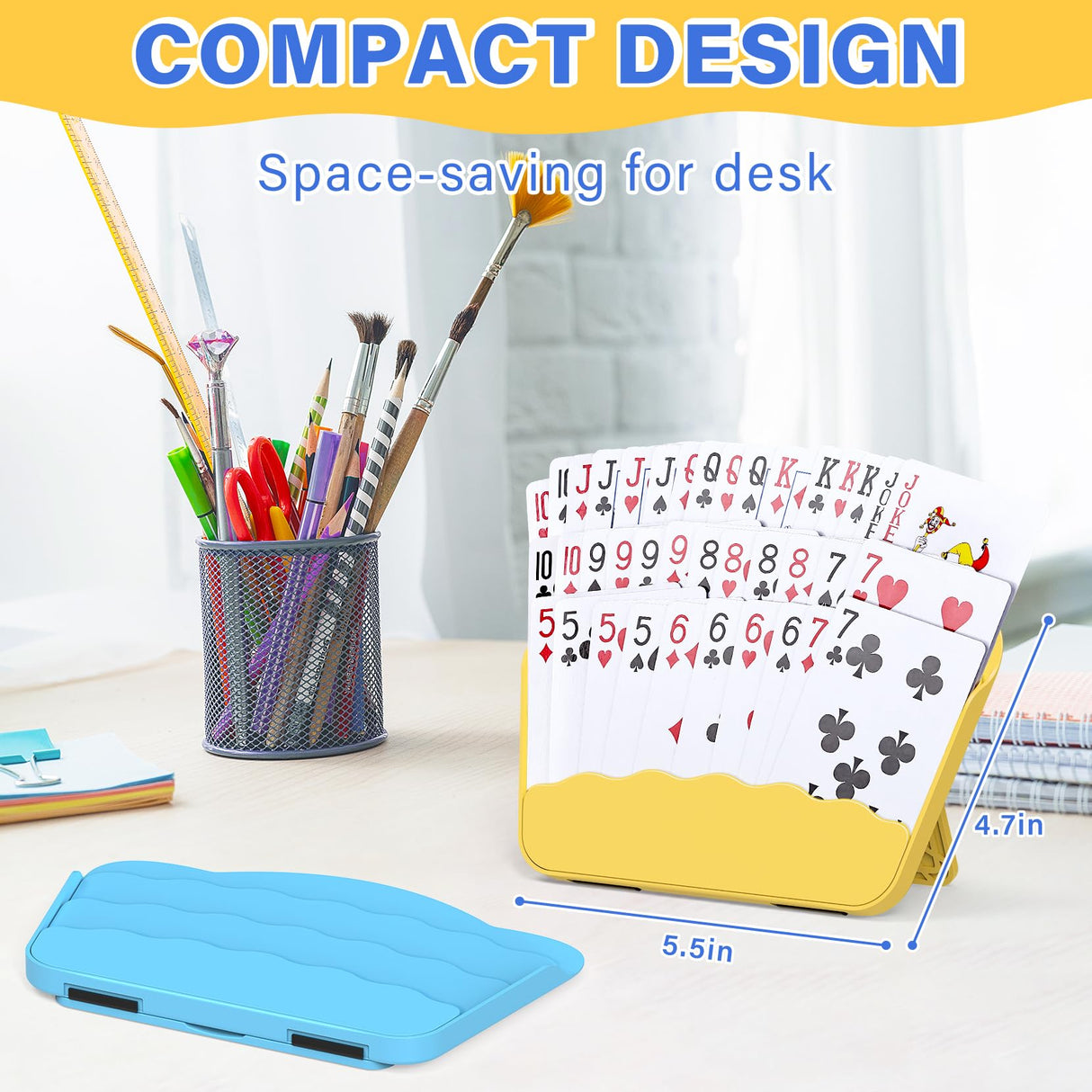RESOVO Playing Cards Holders Stands Decks w/Foldable Tabletop Stand, 3 Layers Design for Poker UNO Cards, Playing Card Accessories, Set of 4 (2 Blue + 2 Yellow)