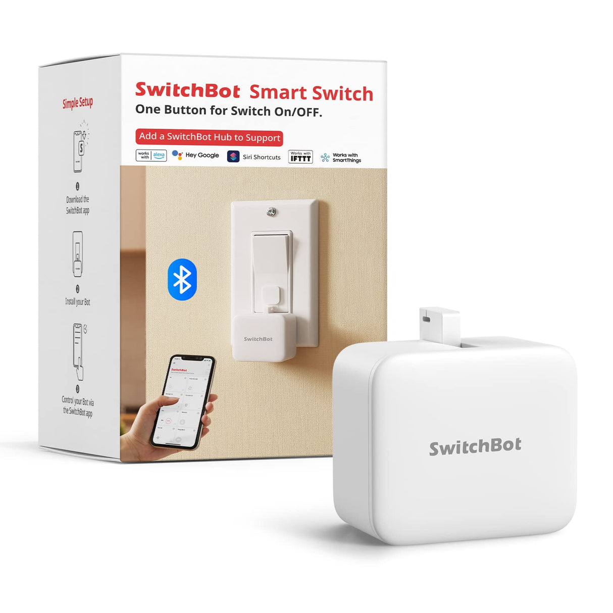 Switchbot Smart Switch Button Pusher (Bluetooth) – Fingerbot for Rocker Switch/One-Way Buttons, App Timer Control, No Wiring, Optional Hub Required for Voice/Remote, White