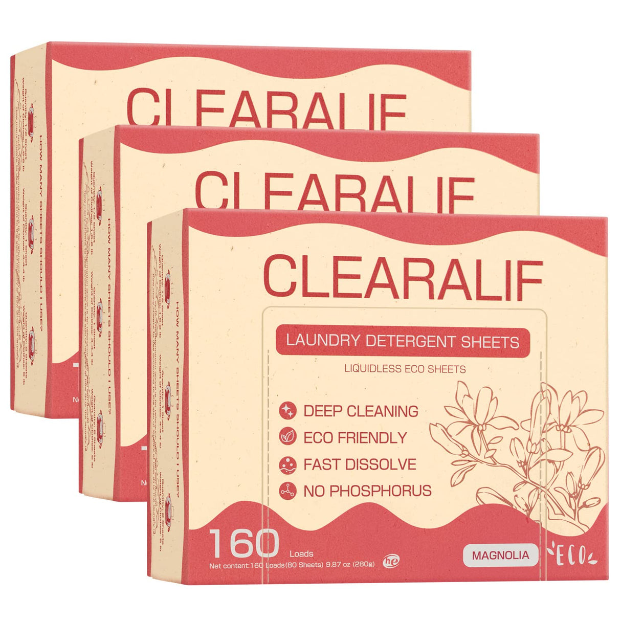 CLEARALIF Laundry Detergent Sheets Up to 160 Loads, Magnolia - Great For Travel,Apartments, Dorms,Laundry Detergent Strips Eco Friendly & Hypoallergenic - 3 PACK