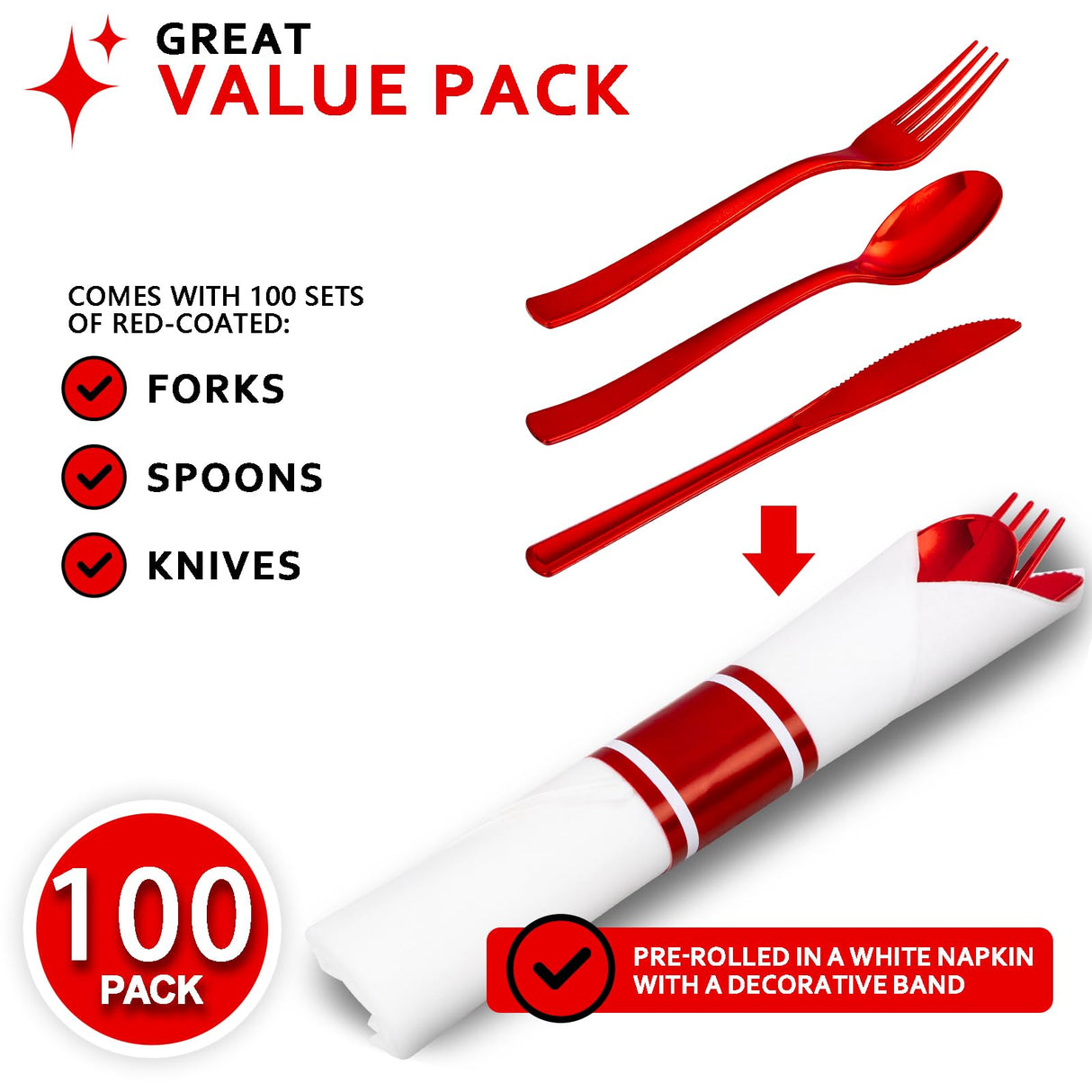 Joyido 400PCS Pre Rolled Red Plastic Silverware Sets - Heavy Duty Red Cutlery - Include 100 Pack Wrapped Disposable Utensils with Napkins for Christmas Parties & Dinners & Weddings