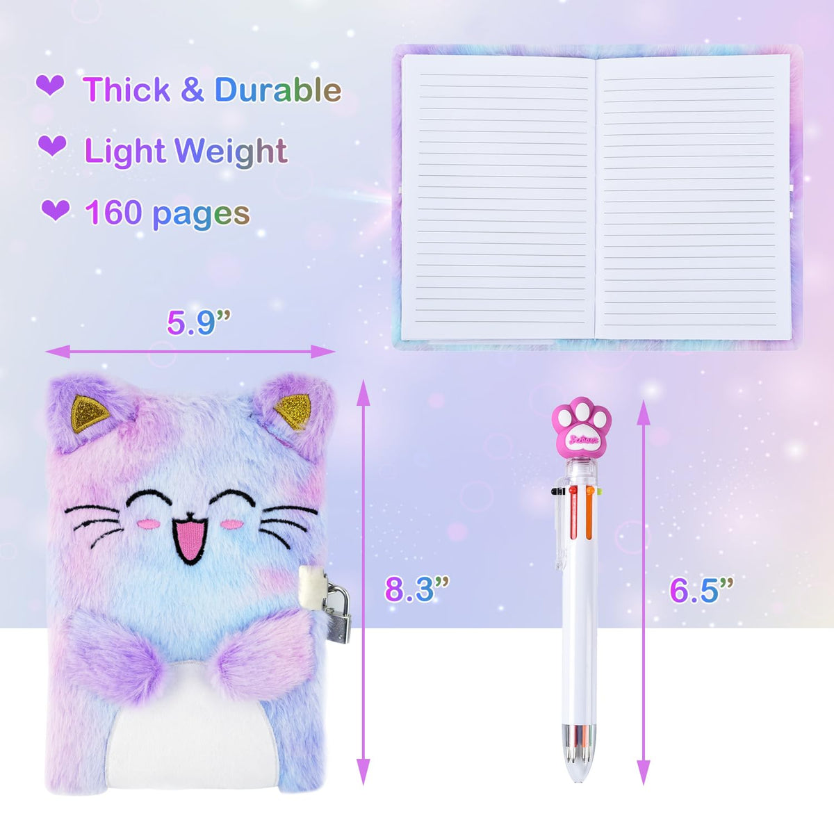 PJDRLLC Cat Diary with Lock, Gift for 6 7 8 Year Old Girl