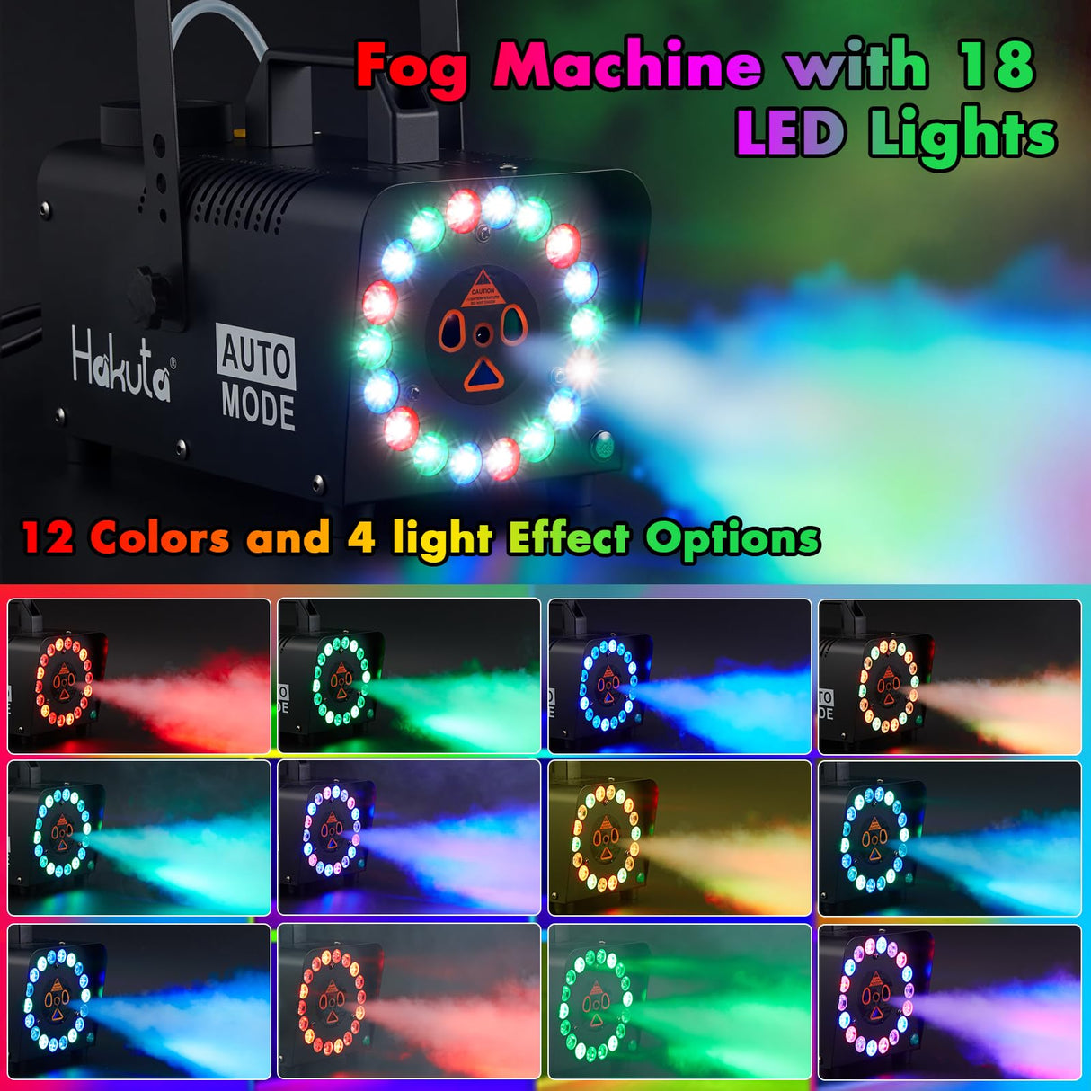 Hakuta Fog Machine, Smoke Machine with Racing, Jumping, Fading, Flashing LED Modes 18 Colorful LED Lights 2300 CFM Spray Automatic Smoke Machine, Great for Halloween, Christmas, Wedding and Parties