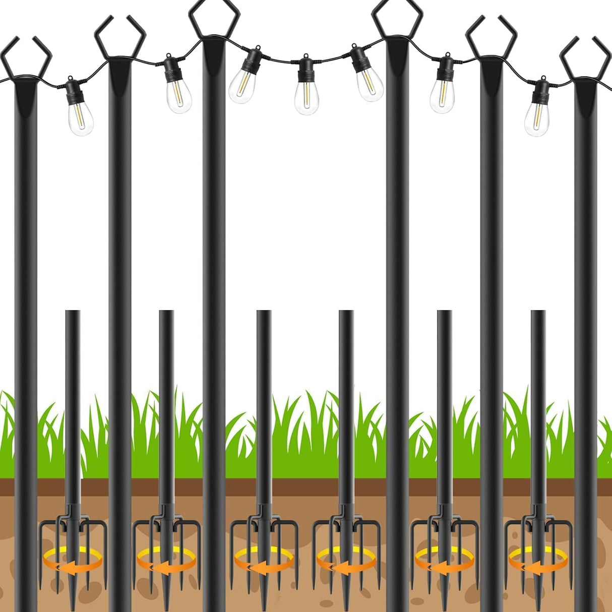 AHRLHR 6 Pack String Light Poles, Outdoor String Light Pole 10 ft Forked Metal Light Pole with Adjustable Outdoor Light Stand, Deck, Backyard, Garden, Wedding, Rustproof and Sturdy with Hooks.